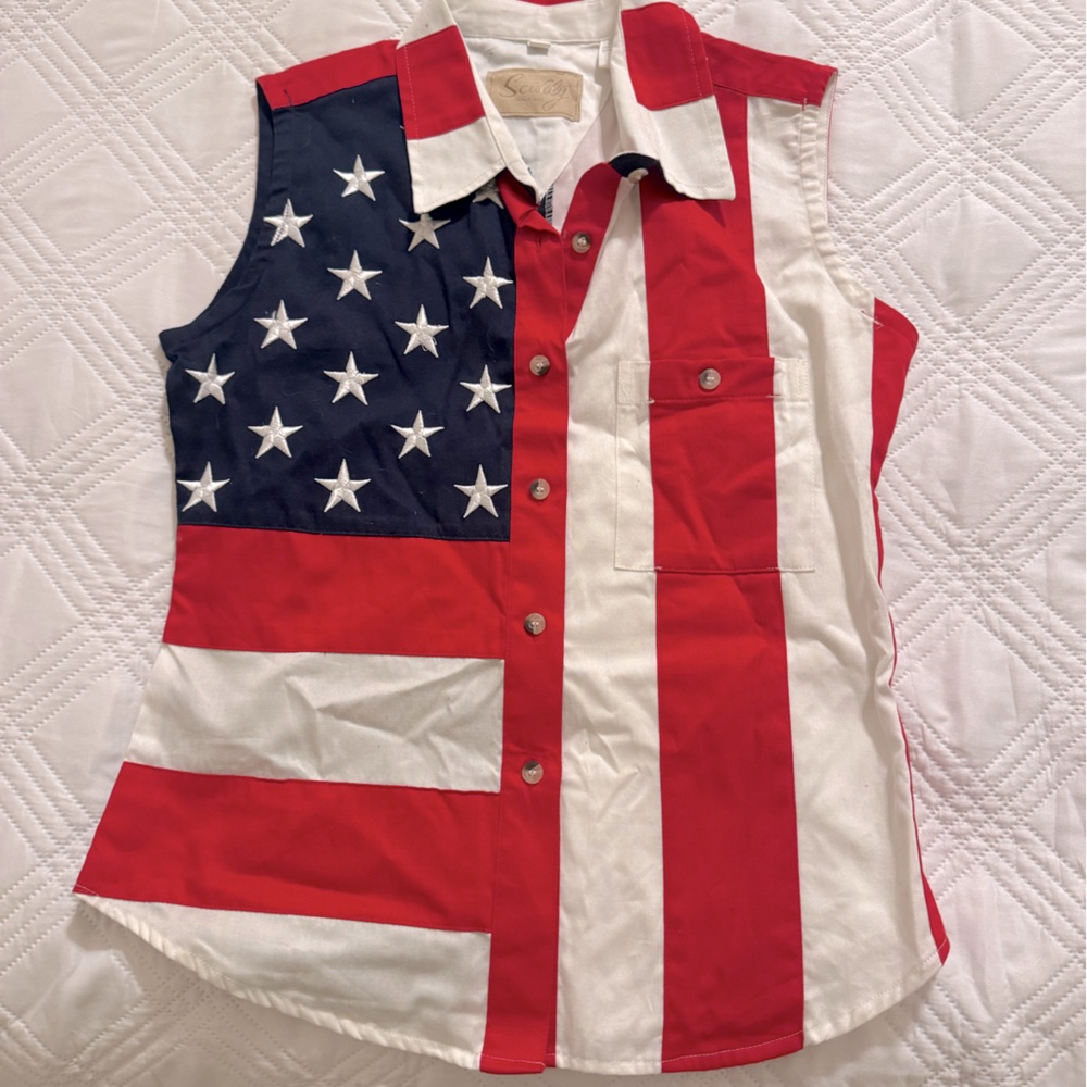 Scully American Flag Button Down Sleeveless Shirt, Women’s Small, 100% cotton